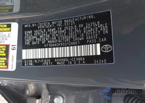 2025 Toyota Camry Le из США, поврежденный, VIN 4T1DAACK9SU128861